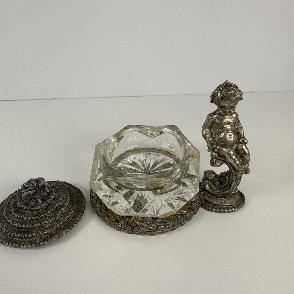 Vintage Bohemia Glass Salt Cellar with Lid, Cherub, and Base, No Tongs.